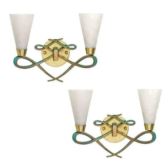 Early 21st Century Bronze Sconce With Alabaster Shades in a Jules Leleu Style, Pair For Sale - Image 5 of 5