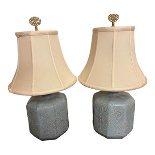 French Blue 22” Vintage Ceramic Table Lamps-a Pair For Sale