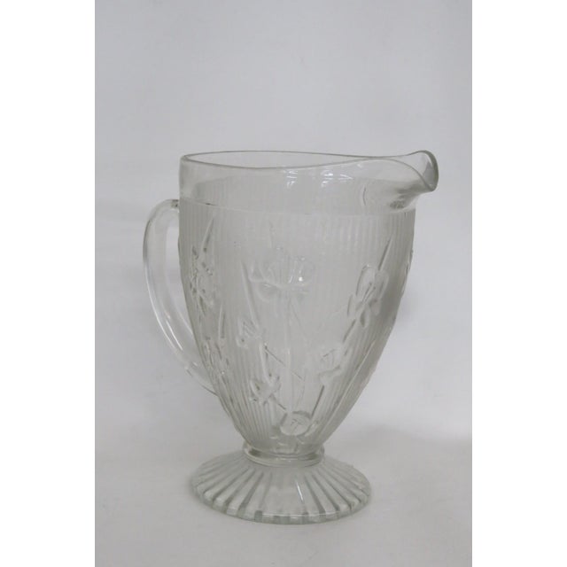 Jeannette Iris and Herringbone Footed Pitcher Clear Glass Embossed Design 4863b For Sale - Image 13 of 15