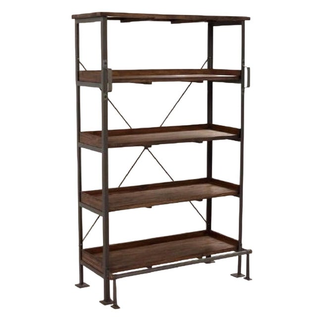 A substantial industrial-style shelving unit crafted from solid wood shelves and a heavy steel frame. This piece features...