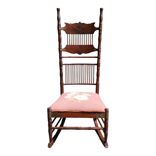 Antique Spoon Carved Solid Oak Spindle Back Rocker Needlepoint Rocking Chair For Sale