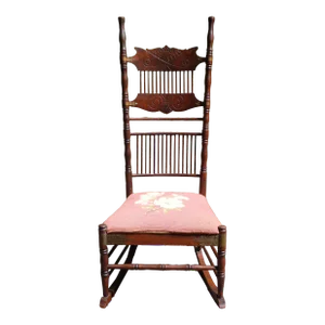 Antique Spoon Carved Solid Oak Spindle Back Rocker Needlepoint Rocking Chair