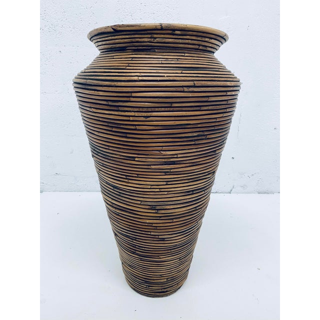 MidCentury Pencil Reed Rattan Floor Vase in the Style of Gabriella