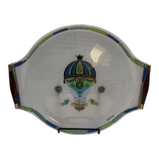 Vintage Georges Briard Lucite Serving Tray Hot Air Balloon MCM Gold Wood Handles Signed For Sale