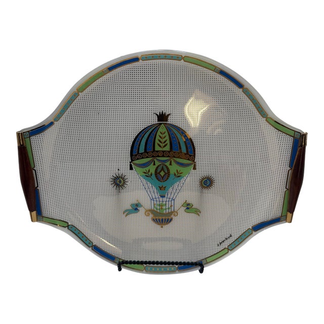 Vintage Georges Briard Lucite Serving Tray Hot Air Balloon MCM Gold Wood Handles Signed For Sale
