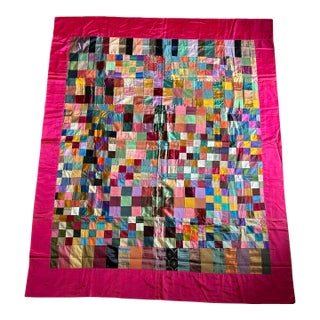Vintage Handmade Satin Patchwork Queen Size Bed Cover For Sale