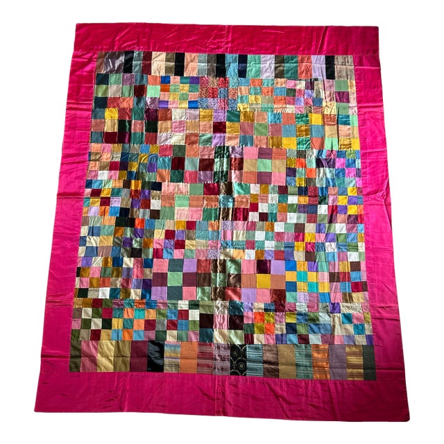 Vintage Handmade Satin Patchwork Queen Size Bed Cover For Sale