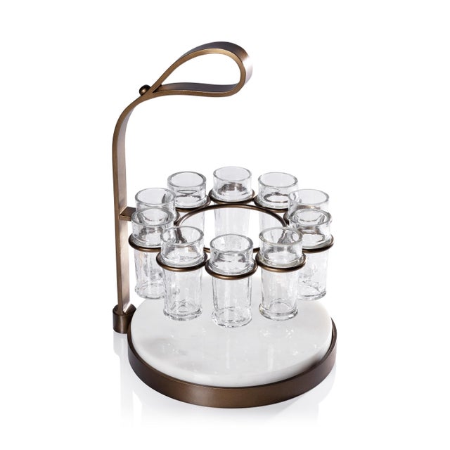 White Tequilero 10-Piece Tequila Shot Set with Marble Cutting Board, Gold For Sale - Image 8 of 8