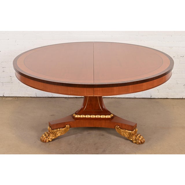 1980s Baker Furniture Regency Cherry Wood and Parcel Gilt Paw Foot Pedestal Extension Dining Table, Newly Refinished For Sale - Image 14 of 14