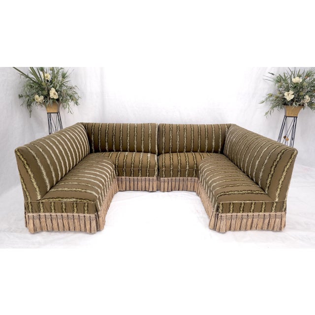 Two Way Two Part "C" Shape Striped Upholstery Custom Sofa Couch w/ Tassels MINT! For Sale - Image 6 of 16