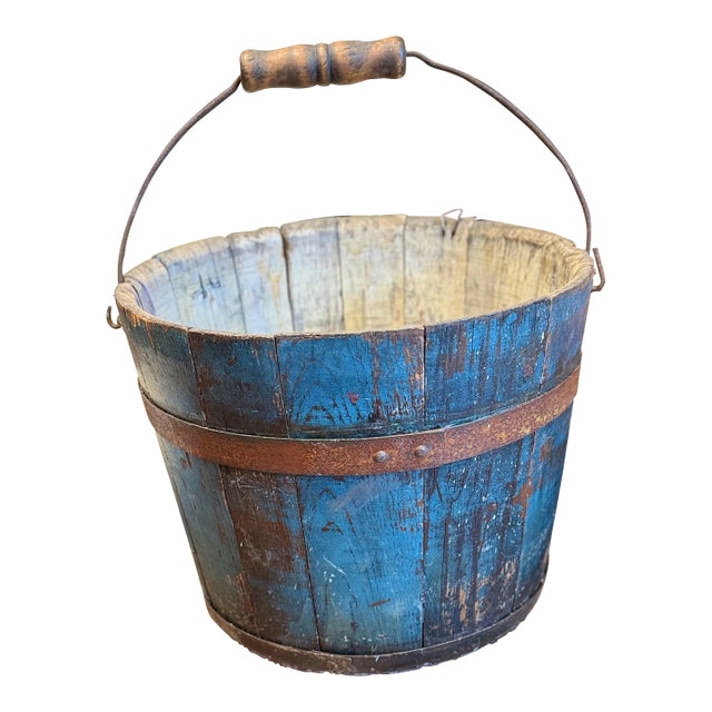 Antique 1800s Shaker Wooden Bucket Blue Paint For Sale