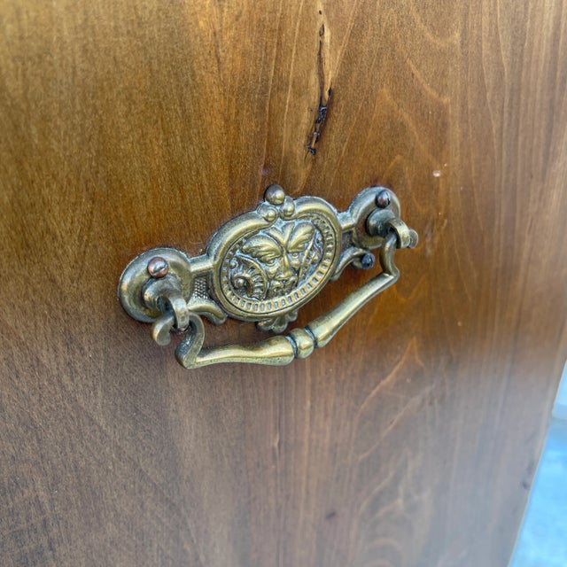 Victorian period walnut purdonium or coal scuttle. Decorative brass pull, two brass handles with green man face embossed...