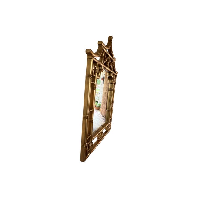 Gold Hollywood Regency Gold Chippendale Style Faux Bamboo Greek Key Pagoda Wall Mirror Palm Beach For Sale - Image 8 of 8