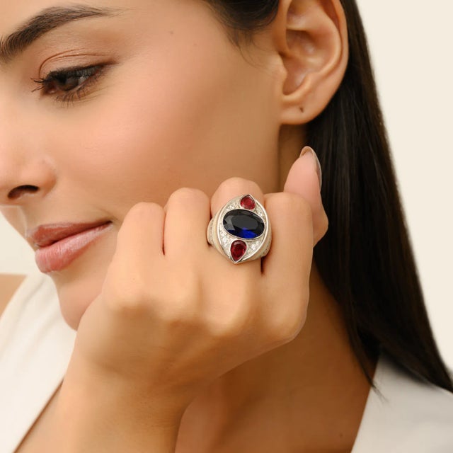 Bochic Sterling Silver Cocktail Ring With Blue & Red Cz Gemstone - Size 9 For Sale - Image 4 of 12