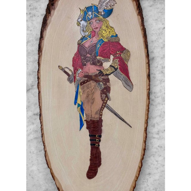 Vintage Traditional Hand Painted Live Edge Slab Women Pirate Wench Wall Plaque For Sale - Image 4 of 8