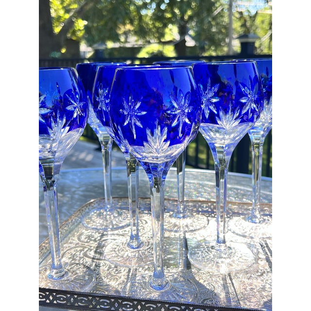 Vintage Set of 9 Horst Belda Germany Sapphire Cut-to-Clear Wine Hocks With Matching Decanter - 10 pcs For Sale - Image 4 of 12