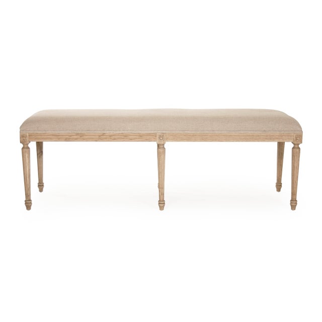 French Provincial Louis Bench - Natural Linen / Oak Frame For Sale - Image 3 of 4