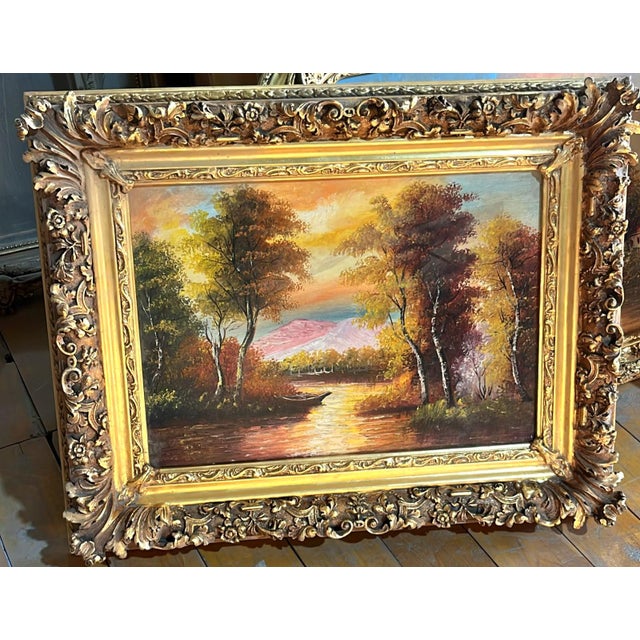 Traditional Ornate Landscape Painting – Golden Sunset Over a Lake With Sculpted Gold Leaf Frame For Sale - Image 3 of 3