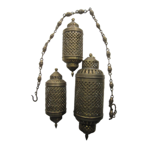 Vintage Hanging Moroccan Brass Candle Holders, S/3