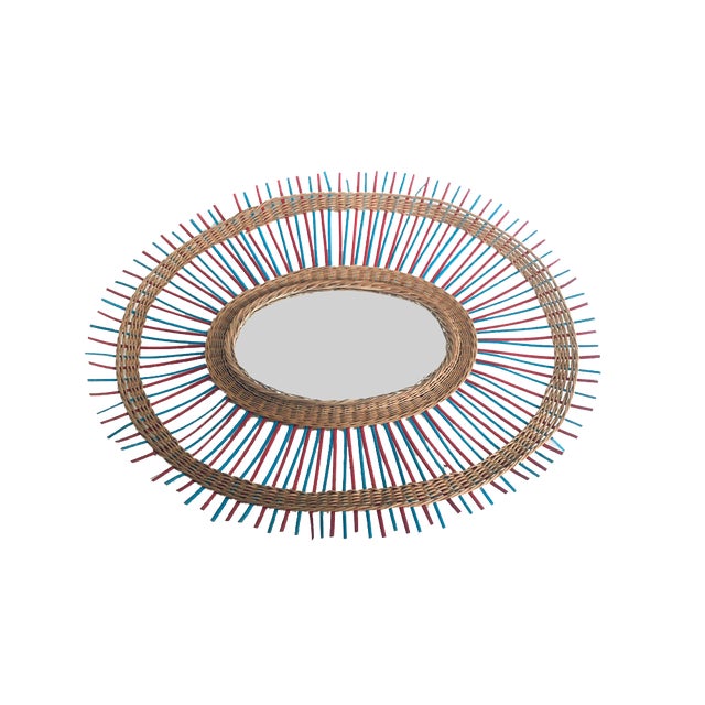 Vintage French Riviera Wicker Oval Mirror, France, 1950s For Sale