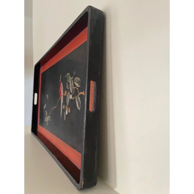 Wood Asian Chinoiserie Black Lacquer Hand Painted Double Handled Tray For Sale - Image 7 of 10