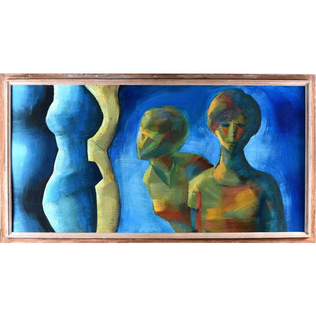 Ed Shewmake (American, 1920-2008) Large Painting of Figures on Blue Ground, Oil on Board Framed For Sale