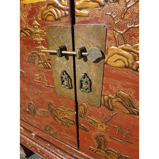 Antique Storage Cabinet Oriental Chinese Red Lacquer Chinoiserie W Stand & Brass For Sale - Image 16 of 18