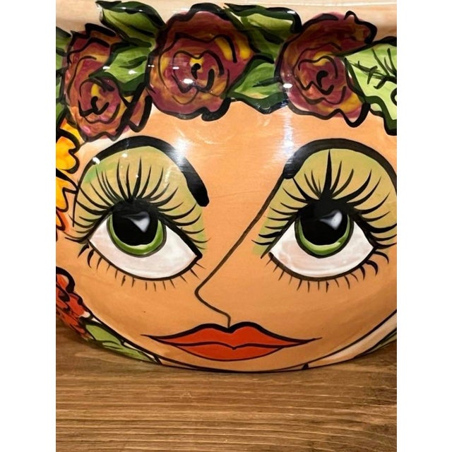 Folk Art Signed One-of-a-Kind Patricia Galding Paquin Lady Face Wall Planter 1998 Hand-Painted Ceramic Folk Art For Sale - Image 3 of 9