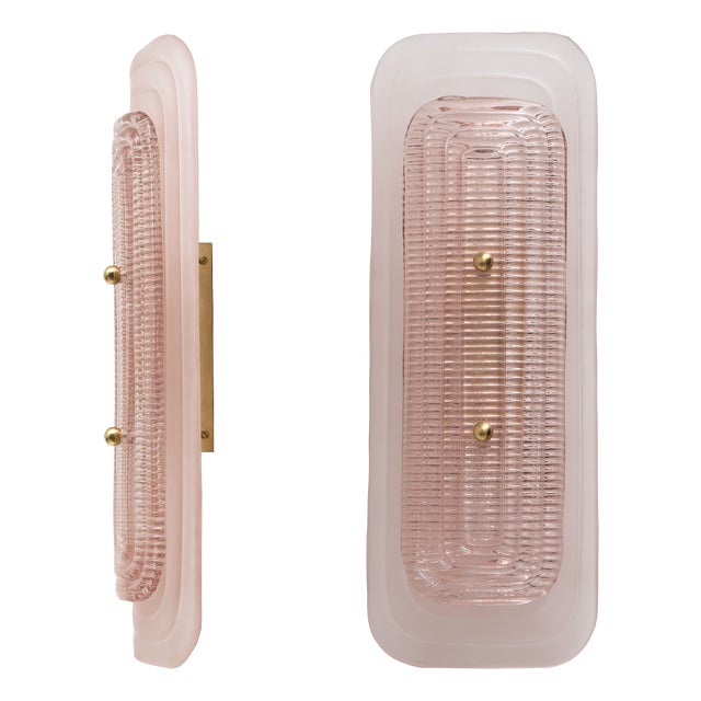 Art Deco Sconces in Matte and Glossy Pink Murano Glass and Brass, 2000, Set of 2 For Sale