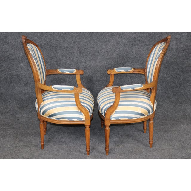 Pair 1920's French Louis XVI Carved Armchairs With Silk Upholstery For Sale - Image 4 of 15