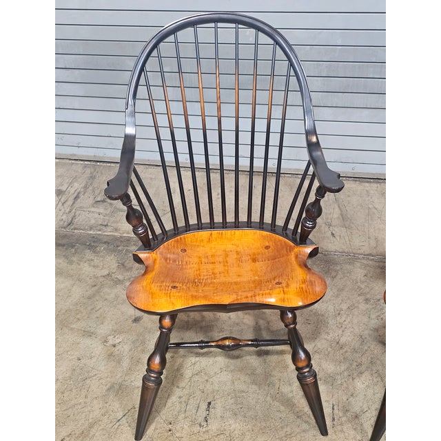 Pair of Late 20th Century Tiger Maple & Black Continuous Windsor Arm Chairs Bench Made For Sale - Image 11 of 11