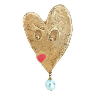 Vintage Handmade BillyBoy* Gold Heart With Face Brooch, 1985 For Sale