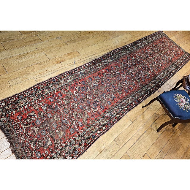 19th Century Persian Farahan Wide Runner, Hand-Knotted Wool, Allover Herati Geometric Pattern, Red & Green, 4x14 For Sale - Image 4 of 16