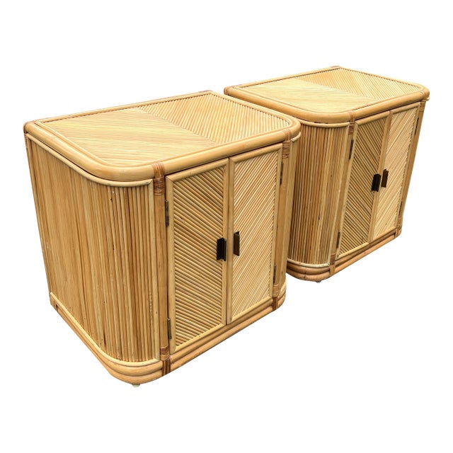 Vintage Pencil Reed Style Rattan Wicker Nightstands or End Accent Tables in Coastal Boho Chic Style, 2 Pieces For Sale