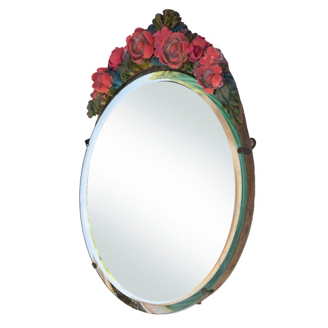 Early 20th century Table Mirror with colorful floral crown. Original Barbola Easel with with narrow bevel & heavy hardwood...