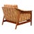 - Teak frame holds a fully upholstered attached seat - Reupholstered in a modernist fabric with a mustard background and...