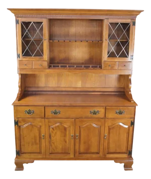 Late 20th Century Ethan Allen Heirloom Colonial Early American Nutmeg Maple Drybar Cabinet Hutch