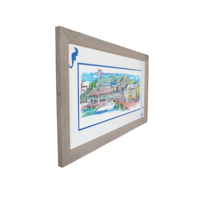 Vintage Pat Anderson nautical themed Giclee print featuring a view of the pier at Anglers Wharf featuring many business...