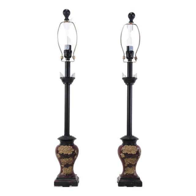Pair of Vintage Black and Gold Chinoiserie Resin Accent Lamps For Sale