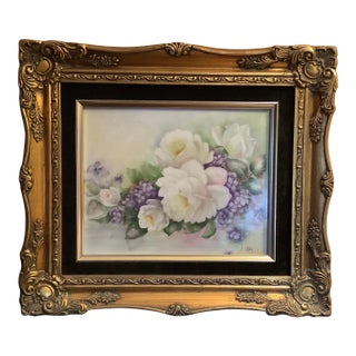 Hand Painted Porcelain Plaque Features White Cabbage Roses & Lavenders by Rose Reck For Sale