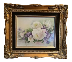 Hand Painted Porcelain Plaque Features White Cabbage Roses & Lavenders by Rose Reck