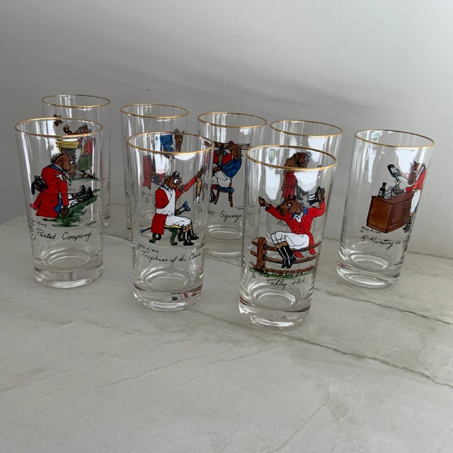 Red Vintage Ned King for Carwin Gilt-Rimmed Humorous Equestrian Highball Glasses - Set of 8 For Sale - Image 8 of 8