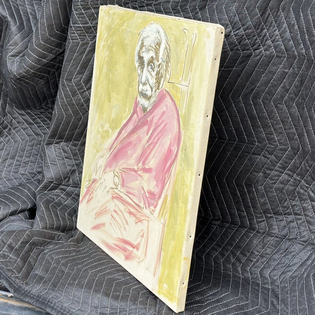 Wood Mid-Century Stylized Portrait of Albert Einstein Original Oil Painting on Canvas For Sale - Image 7 of 12