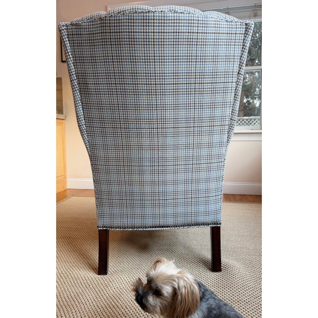 Custom Tufted Navy Blue, Gray, Light Blue Hounds-Tooth Wingback Chair in Schumacher For Sale - Image 14 of 18