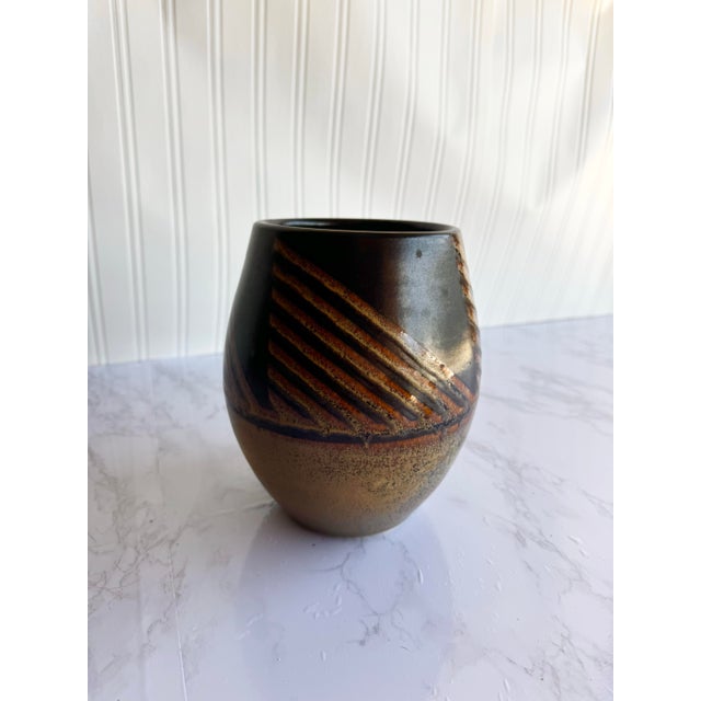 Signed Studio Pottery Vase – Handcrafted Brown Geometric Ceramic Art For Sale In Boise - Image 6 of 8