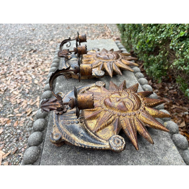 Pair Of Italian Giltwood Sun Sconces. Offered is a beautifully detailed pair of Italian mid century carved gilt wood and...