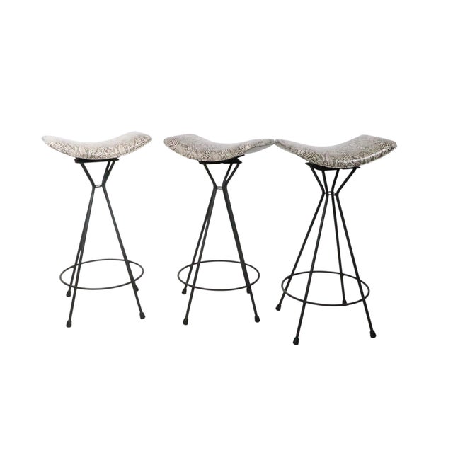 Metal Set of Three Mid 20th Century Swivel Bar Stools in New Faux Python Vinyl Upholstery For Sale - Image 7 of 18