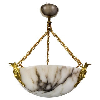 White Alabaster and Bronze Three-Light Pendant Chandelier, France, 1920s For Sale