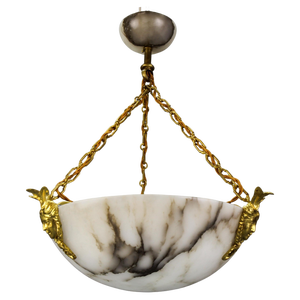 White Alabaster and Bronze Three-Light Pendant Chandelier, France, 1920s