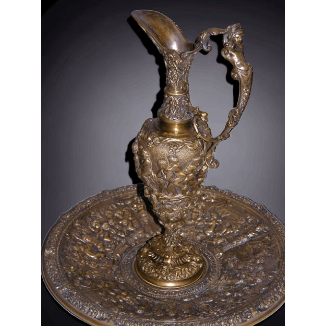 Embossed Bronze Jugs and Basins with Allegorical Scenes by Colleoni of Bergamo, 1890s-1910s, Set of 4 For Sale - Image 3 of 17